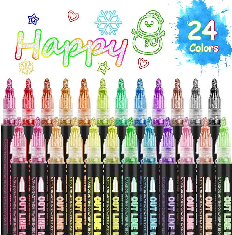 OUNIY Markers بتصميم مزدوج 24 لون من الخطوط المتلألئة، أقلام تلوين ذاتية الخطوط، أقلام تلوين لبطاقات عيد الميلاد، هدايا عيد الميلاد، الحرف اليدوية DIY - Image 1